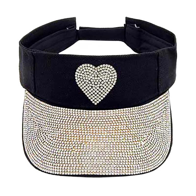 Black Silver Bling Heart Accented Visor Hat, keep your styles on even when you are relaxing at the pool or playing at the beach. Large, comfortable, and perfect for keeping the sun off of your face and neck. Ideal for travelers who are on vacation or just spending some time in the great outdoors.