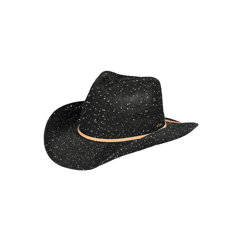 Black Sequin Star Cowboy Hat with Gold & Silver Accents Black Sequin Cowgirl Hat with flourish hat belt | Patches Of  main image 2