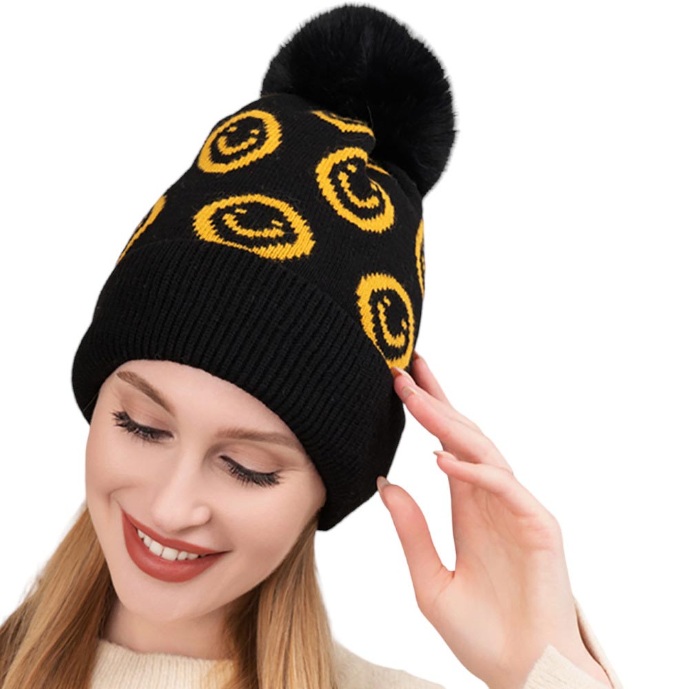 Black Smile Patterned Faux Fur Pom Pom Beanie Hat, Keep warm and show your style in this beanie hat. The trendy smile pattern provides a fashion-forward look while the interior fleece lining ensures comfortable warmth. Warming gift item for teenagers, fashion enthusiasts, co-workers, friends & family members, and yourself.