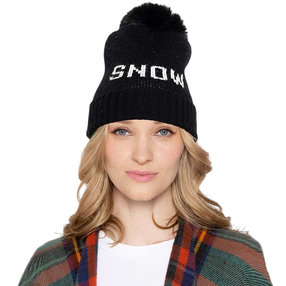 Black Snow Message Faux Fur Pom Pom Cable Knit Beanie Hat, Keep your head warm and stylish this winter with this hat. This fashionable beanie is made from soft, cable-knit fabric. Perfect gift choice in winter days for young adults, fashion forwarded friends & family members, teenagers, fashion enthusiasts, and yourself.