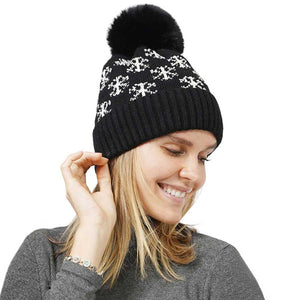 Black Snowflake Patterned Faux Fur Lining Knit Pom Pom Beanie Hat, wear this beautiful hat with any ensemble for the perfect finish before running out the door into the cool air. It's an excellent gift for your friends, family, or loved ones. This is the perfect gift for Christmas, especially for your friends and family.