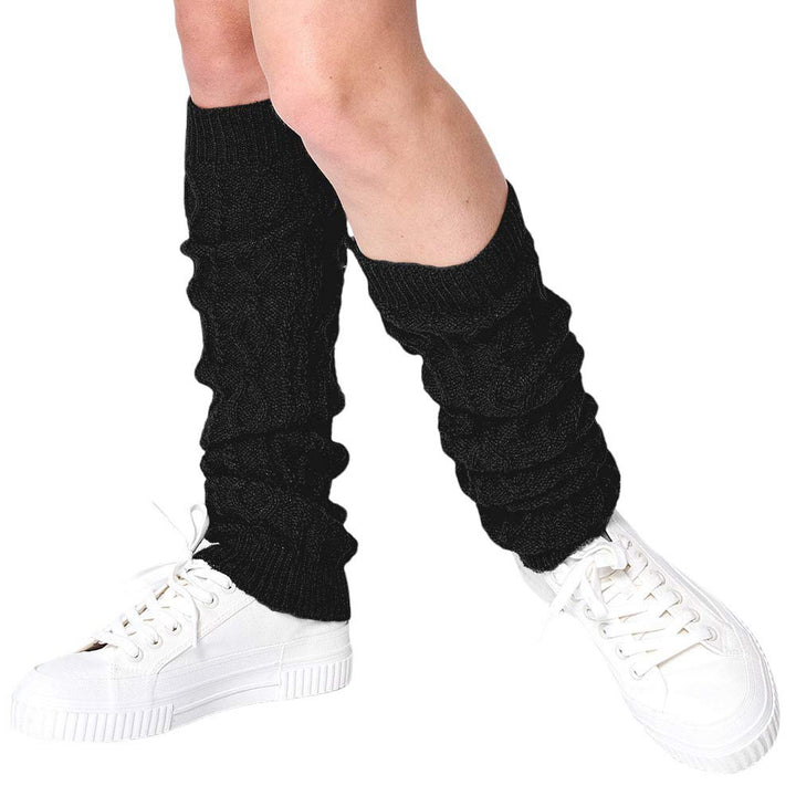 Black Solid Cable Knit Leg Warmers, provide you with maximum warmth and comfort. Crafted with a soft and durable material, the warmers help keep you cozy on cold days. They feature a classic cable knit pattern and added ribbing at the ankles for a secure fit. Keep your legs comfortable and warm in these stylish leg warmers.