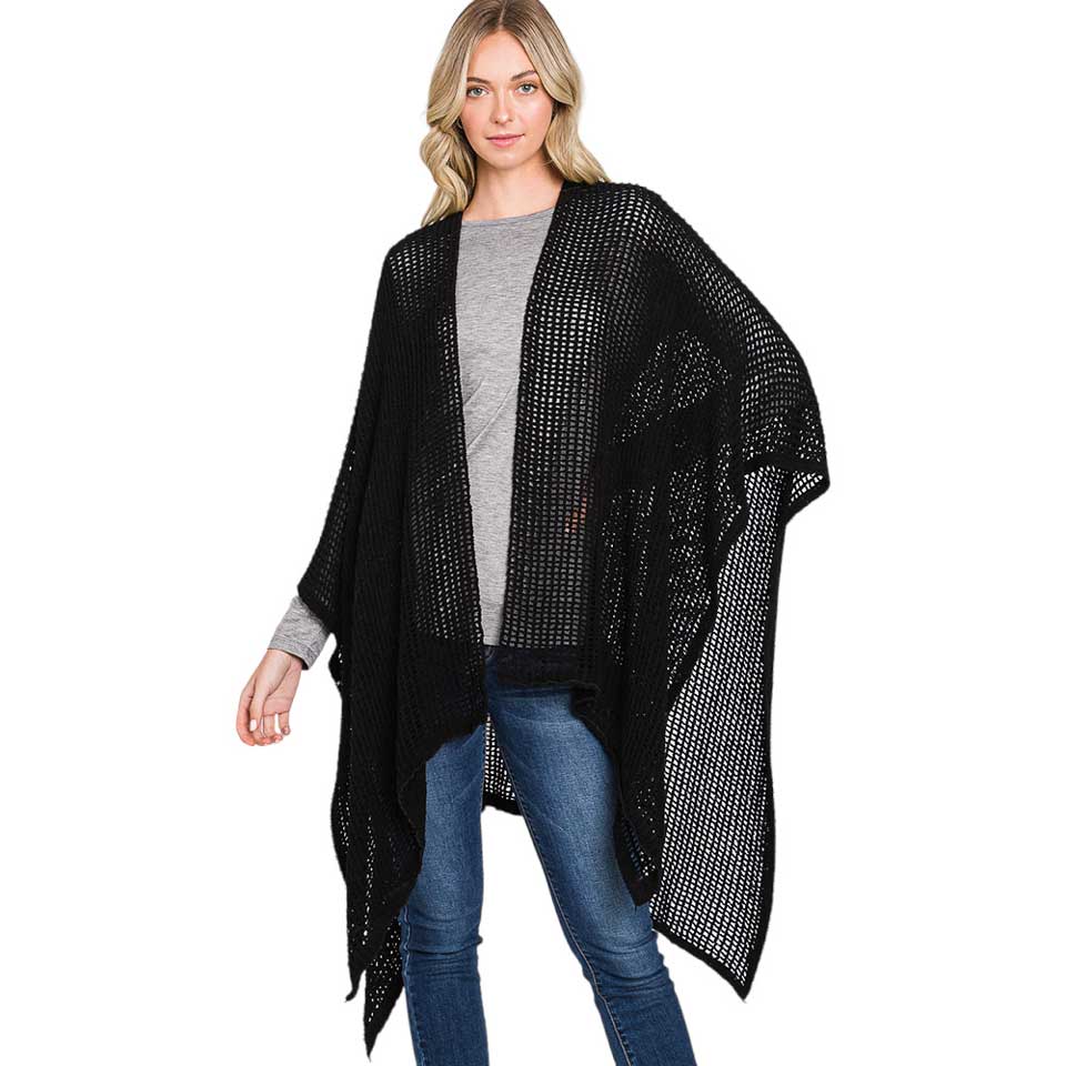 Black Solid Chenille Crochet Ruana Poncho, with the latest trend in ladies' outfit cover-up! the high-quality knit ruana poncho is soft, comfortable, and warm but lightweight. It's perfect for your daily, casual, party, evening, vacation, and other special events outfits. A fantastic gift for your friends or family.