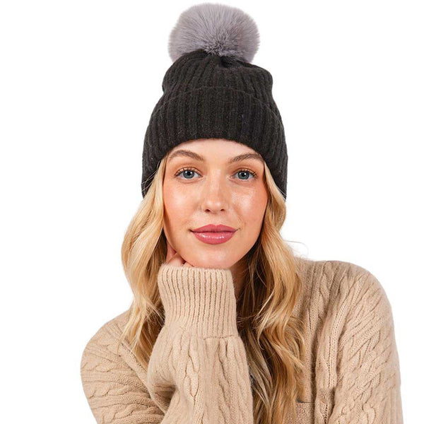 Black-Solid Color Pom Pom Two Tone Beanie Hat, Made from high-quality materials, this hat features a soft and cozy pom pom detail and a two-tone design. Perfect for any cold weather outfit,this hat is a must-have for your winter wardrobe.Ideal for travelers who are on vacation or just spending some time in the great outdoors