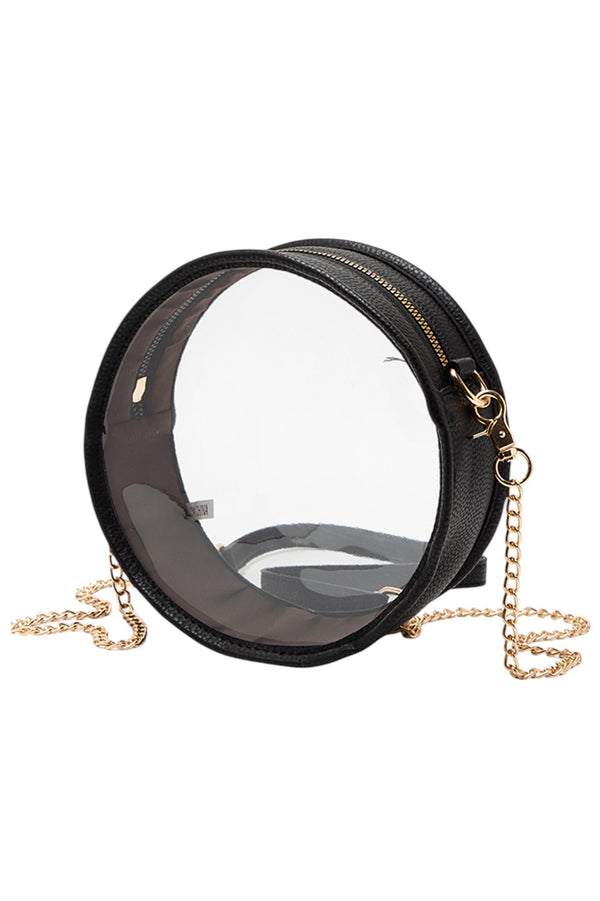 Black-Solid Color Trim Clear Round Crossbody Bag combines modern transparency with a sleek, solid-colored trim, making it a stylish and versatile accessory. Its round shape offers a unique silhouette, while the clear design allows easy visibility of contents, enhancing convenience and security. Perfect for those seeking a fashionable yet functional bag for everyday use or special events. 