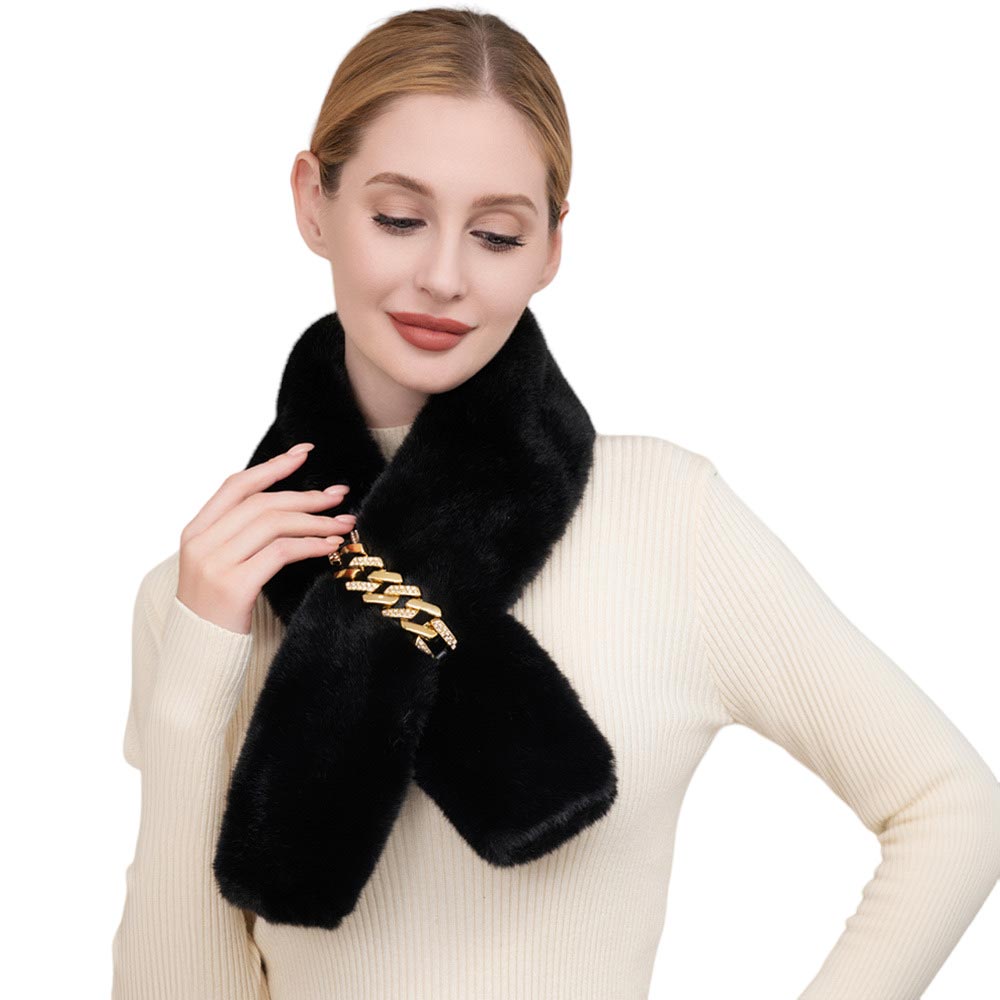 Black Solid Faux Fur Chain Pull Through Scarf, provides warmth and comfort without compromising on trend. Crafted from a luxuriously soft faux fur material, it comes with a long chain for a stylish pull-through design. Perfect gift item for family members, friends, or yourself on any occasion or just to make a surprise.