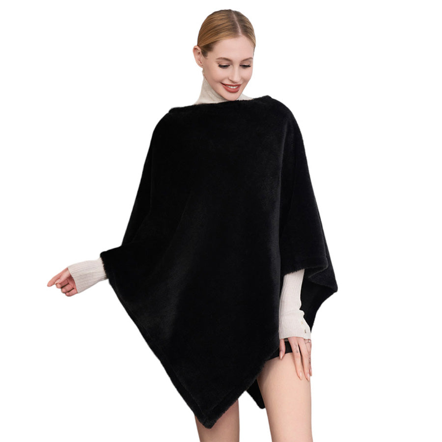Black Solid Faux Fur Poncho, with the latest trend in ladies' outfit cover-up! Its beautiful color variation goes with every outfit and surely makes you stand out from the crowd. It's perfect for your daily, casual, party, evening, vacation, and other special events outfits. A fantastic gift for your friends or family.