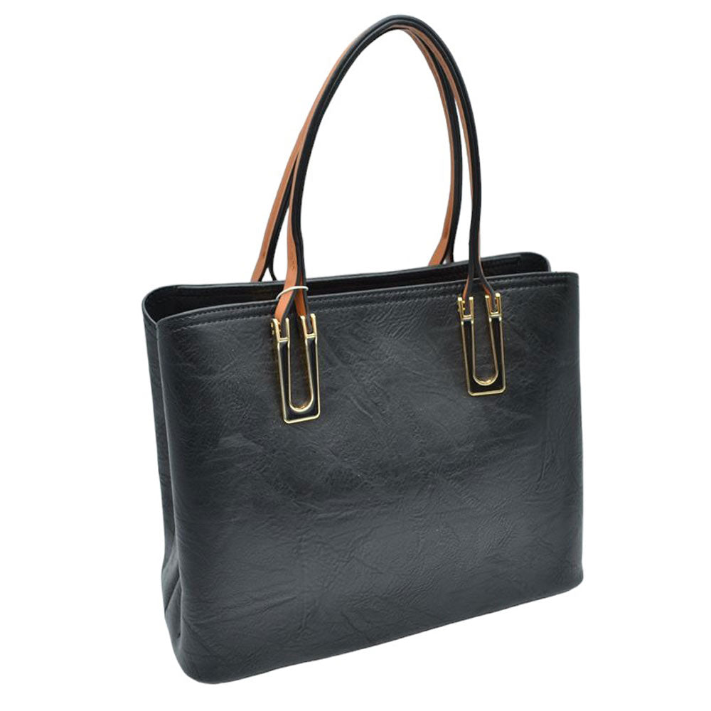 Black Solid Faux Leather Tote Bag Shoulder Bag, is perfect for the modern woman. Crafted with genuine faux leather, this stylish bag is durable, light, and spacious, and with adjustable straps, it is perfect for everyday use. Its sleek design will have you turning heads wherever you go.