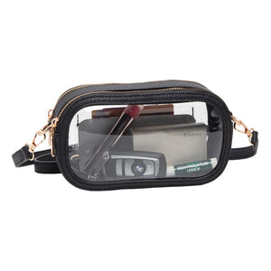 Black Solid Faux Leather Transparent Rectangle Crossbody Bag, is the perfect accessory for any outfit. Its solid faux leather material is durable and lightweight. The adjustable crossbody strap provides convenience and comfortability. Wear it on your next night out for a fashionable look and make an exquisite gift with this!