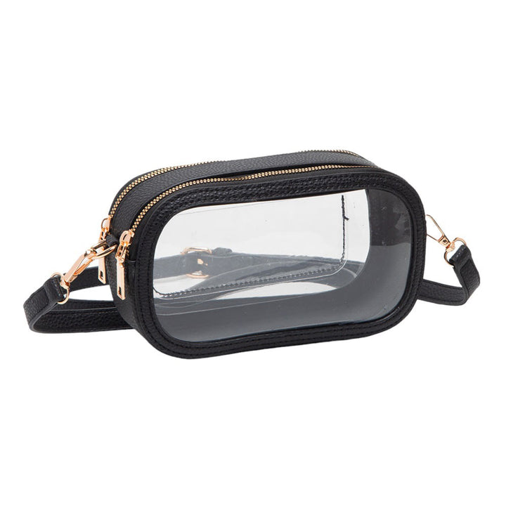 Black Solid Faux Leather Transparent Rectangle Crossbody Bag, is the perfect accessory for any outfit. Its solid faux leather material is durable and lightweight. The adjustable crossbody strap provides convenience and comfortability. Wear it on your next night out for a fashionable look and make an exquisite gift with this!