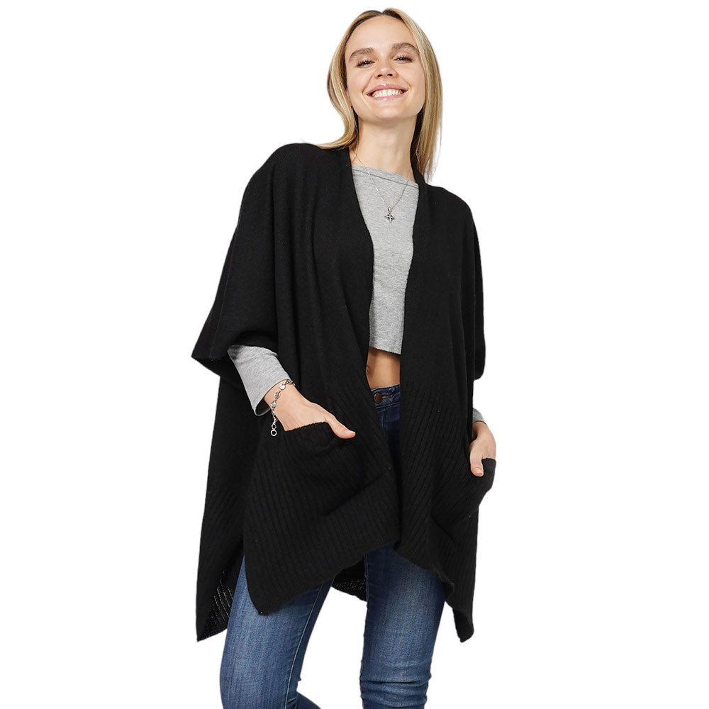 Black Solid Knit Front Pockets Vest Poncho, With the latest trend in ladies' outfit cover-up! the high-quality knit poncho is soft, comfortable, and warm but lightweight. It's perfect for your daily, casual, party, evening, vacation, and other special events outfits. A fantastic gift for your friends or family.