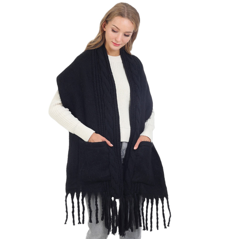 Black Solid Knit Pockets Tassel Oblong Scarf, is delicate, warm, on-trend & fabulous, and a luxe addition to any cold-weather ensemble. Great for daily wear in the cold winter to protect you against the chill, the classic style scarf & amps up the glamour with a plush material. Perfect gift for birthdays, or any occasion.