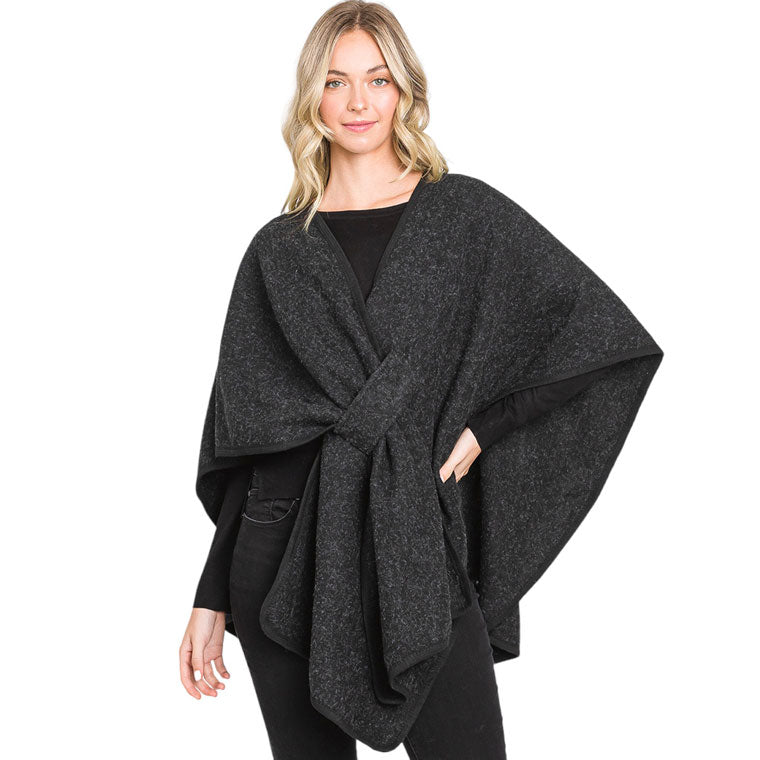 Black Solid Pull Through Interlock Wrap Poncho, with the latest trend in ladies' outfit cover-up! the high-quality wrap poncho is soft, comfortable, and warm but lightweight. It's perfect for your daily, casual, party, vacation, and other special events outfits. A fantastic gift for your friends or family.