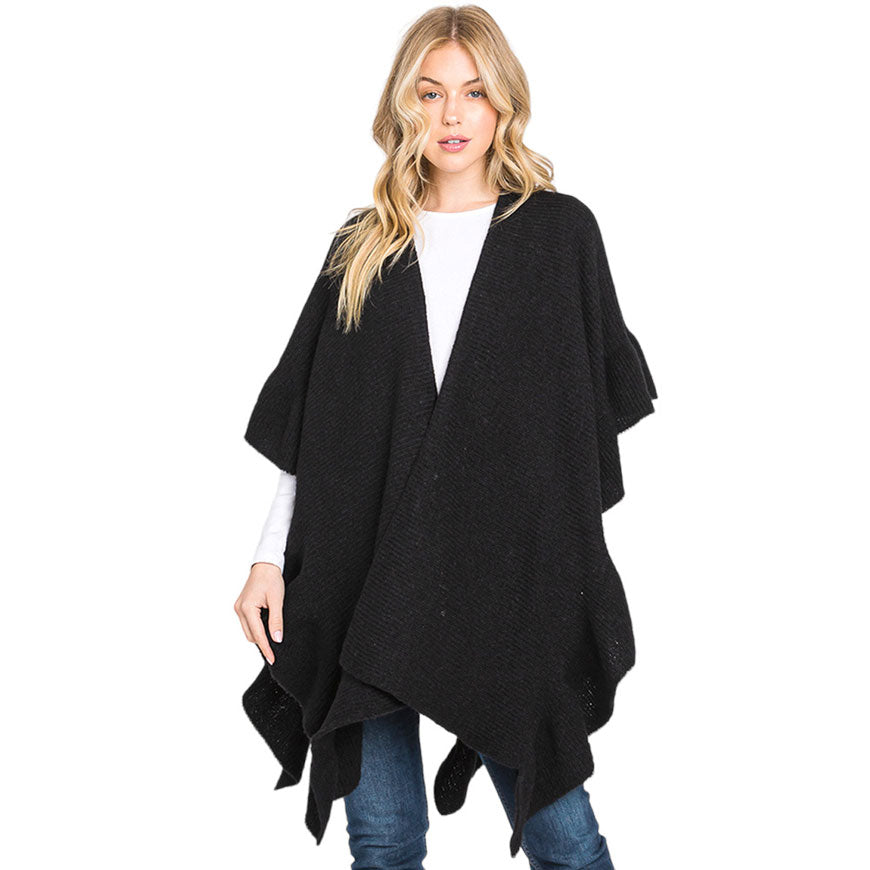 Black Solid Ruffle Knit Ruana Poncho, with the latest trend in ladies' outfit cover-up! the high-quality knit ruana poncho is soft, comfortable, and warm but lightweight. It's perfect for your daily, casual, party, vacation, and other special events outfits. A fantastic gift for your friends or family.