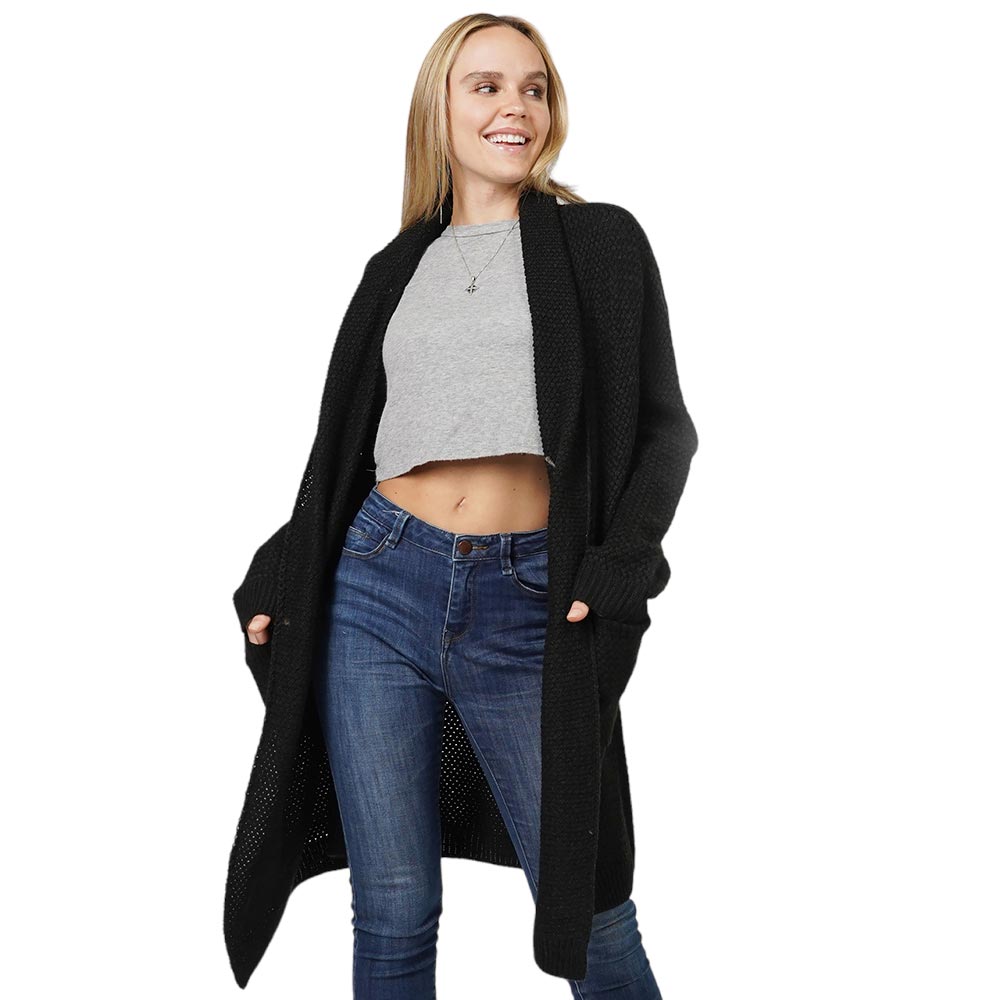Black Solid Shawl Collar Knit Cardigan, delicate, warm, on-trend & fabulous, a luxe addition to any cold-weather ensemble. You can throw it on over so many pieces elevating any casual outfit! Perfect Gift for wife, mom, birthday, holiday, etc.