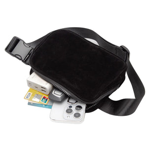Black Solid Sling Bag Fanny Pack Velvet Belt Bag, is the perfect accessory for any occasion. Featuring a high-quality velvet material construction, this bag is lightweight and durable, making it a great choice for everyday wear. Ideal gift for young adults, traveler friends, family members, co-workers, or yourself.
