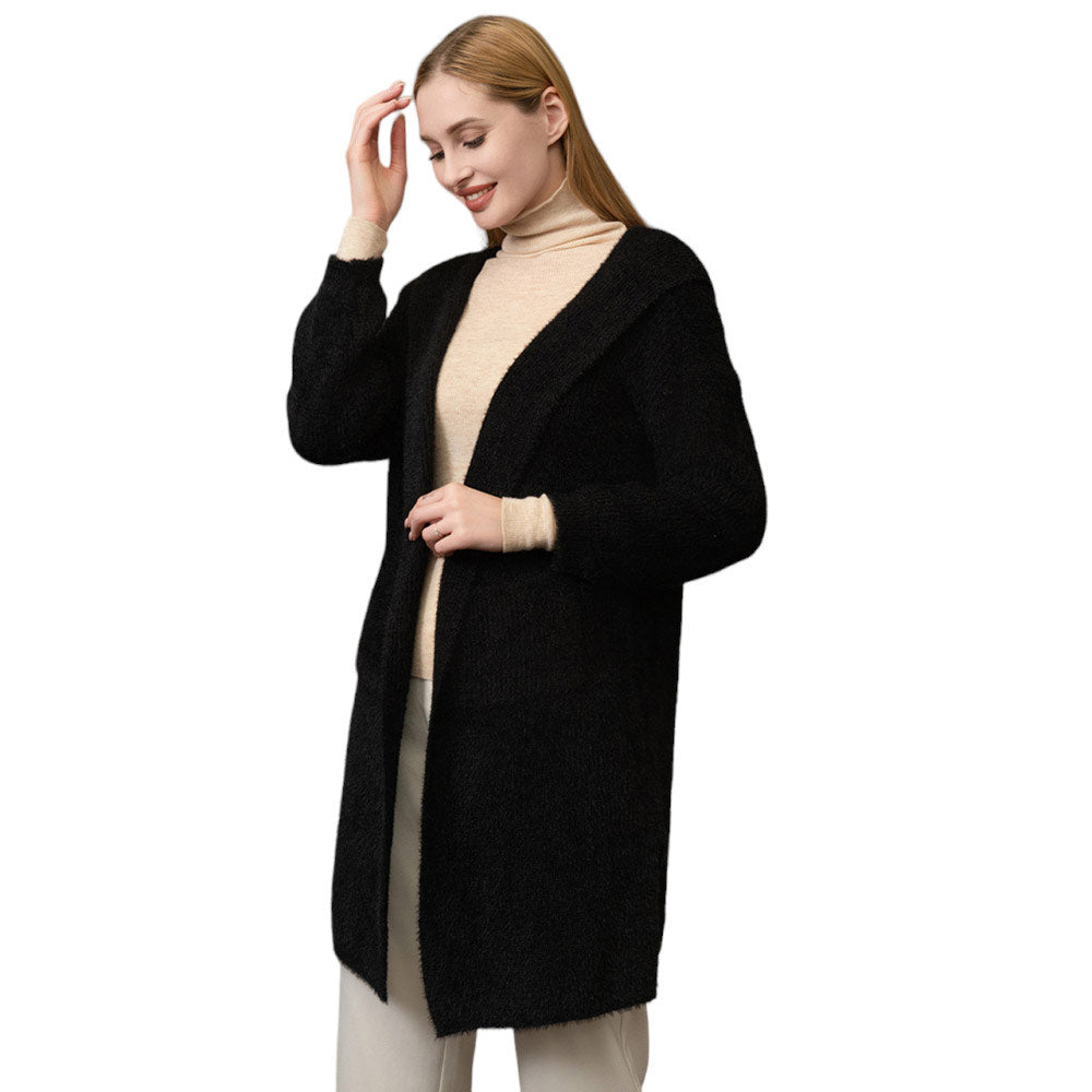 Black Solid Soft Front Pockets Cardigan, delicate, warm, on-trend & fabulous, a luxe addition to any cold-weather ensemble. You can put your hands in its front pocket to keep yourself warm. You can throw it on over so many pieces elevating any casual outfit! Perfect Gift for wife, mom, birthday, holiday, etc.