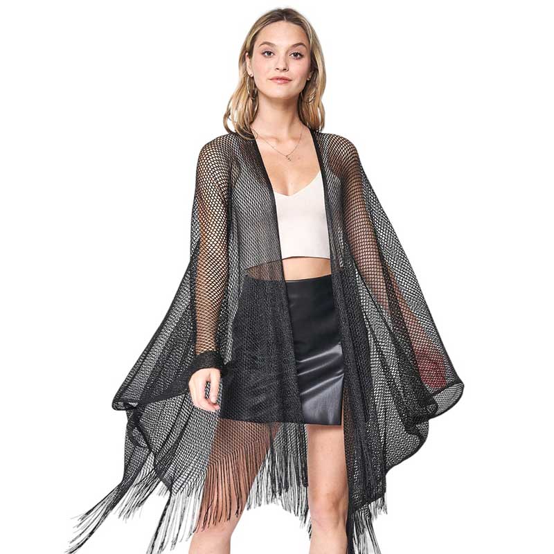 Black Sparkle Glitter Mesh Kimono Poncho, is a must-have for fashion-forward women. Crafted with sparkling glitter mesh fabric, it adds a chic and stylish flair to any look. Its lightweight and breathable design also promises all-day comfort. Ideal gift choice for fashion-loving friends and family members.