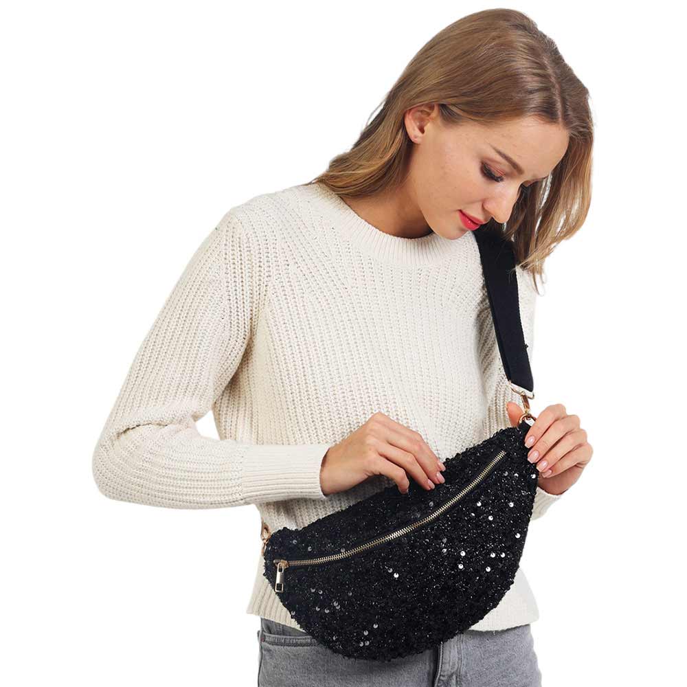 Beige Sparkle Sequin Solid Sling Bag Fanny Pack Belt Bag, make yourself stand out & be the ultimate fashionista while carrying this beautiful straw sling bag. Great for when you need something small to carry in your bag. perfect for money, credit cards, keys or coins, and many more things. Stay comfortable and trendy.