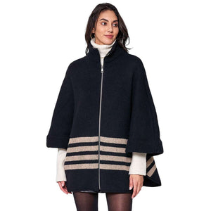 Black Sporty Bordered Zip Up Knit Cape Poncho, Crafted with a cozy acrylic-blend fabric, it features a zip-up front and generous hood for extra protection against the cold. The bold, bordered design adds a classic touch, making it the perfect piece for outdoor activities. A Perfect winter gift for any occasion