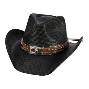 Black Steer Head Pointed Faux Leather Band Straw Cowboy Hat, Stay stylish and comfortable with our modern cowboy hat. Made with high-quality paper materials, this hat features a classic pointed design and a faux leather band with a steer head embellishment. Perfect for any outdoor or western-inspired event.