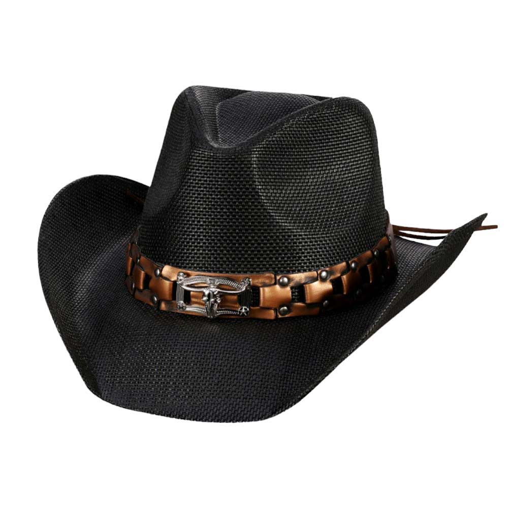 Black Steer Head Pointed Faux Leather Band Straw Cowboy Hat, Stay stylish and comfortable with our modern cowboy hat. Made with high-quality paper materials, this hat features a classic pointed design and a faux leather band with a steer head embellishment. Perfect for any outdoor or western-inspired event.