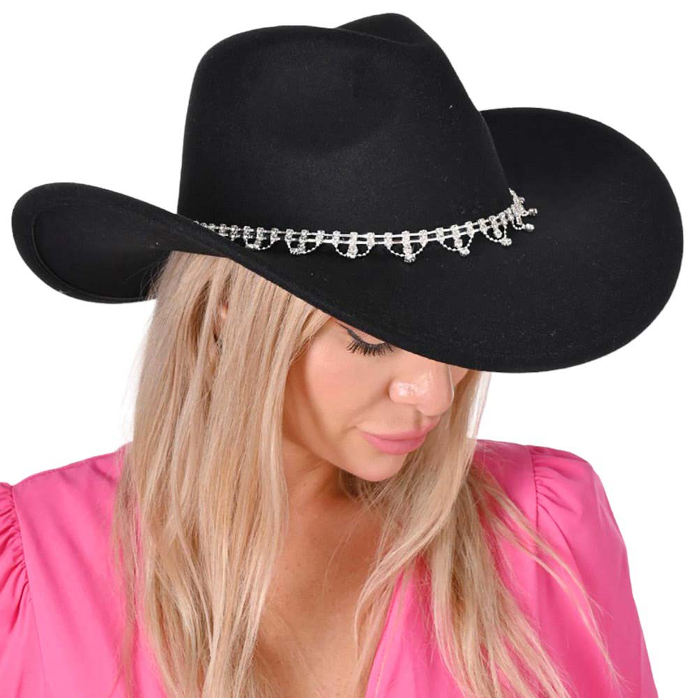 Black Stone Embellished Band Pointed Solid Cowboy Fedora Panama Hat, is ideal for your western wardrobe. Crafted from quality materials, this fedora features a pointed crown and a stone-embellished band for a rugged and stylish look. Perfect for Country and western events or everyday wear.