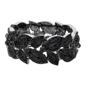 Black Stone Paved Leaf Linked Stretch Evening Bracelet, Crafted of high-quality stones and metal alloy, this unique bracelet features intricately linked leaves, connected with a stretchable band to provide a secure fit. Accessorize your special occasion wear with this stunning design for an eye-catching look.