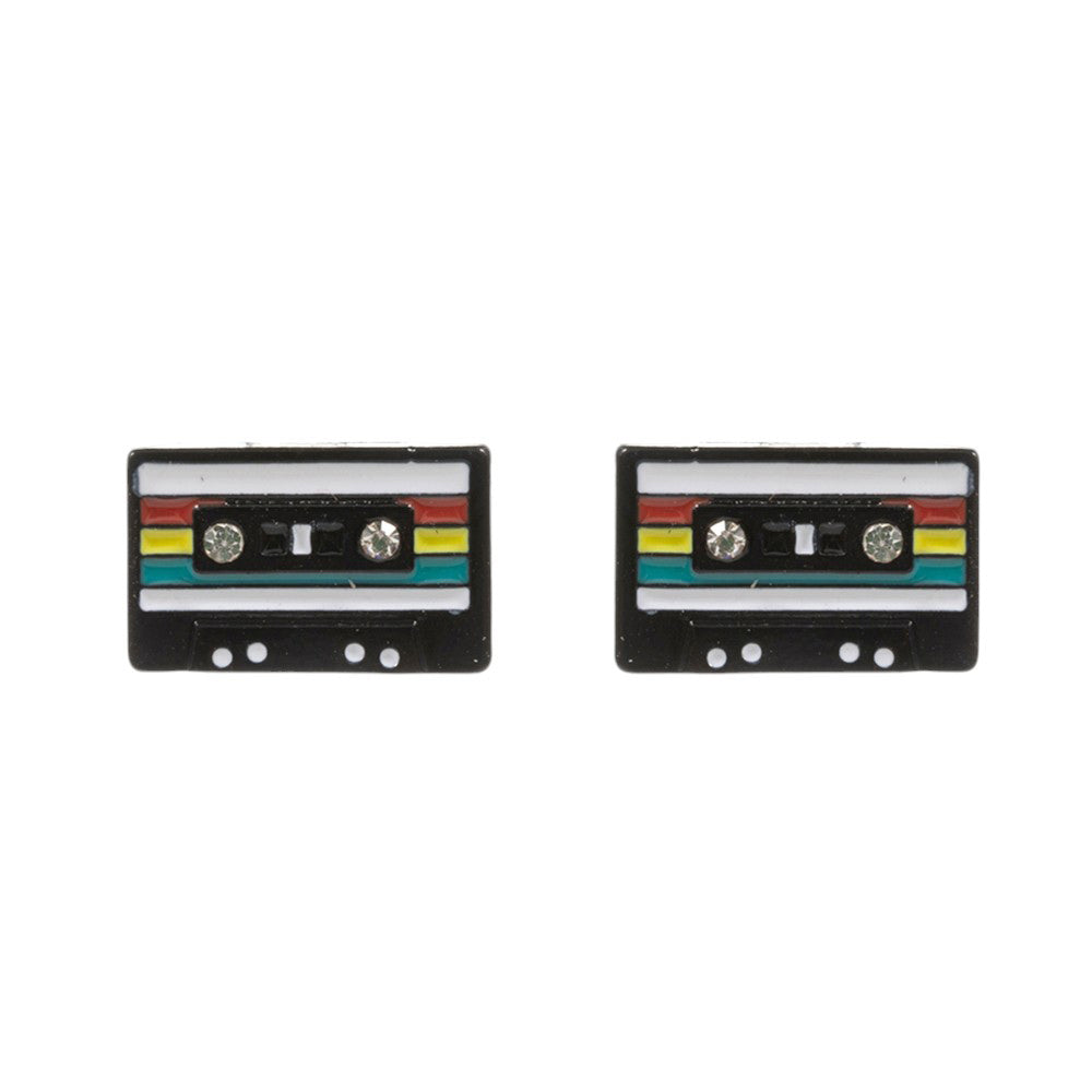 Black-Stone Pointed Enamel Cassette Tape Stud Earrings, Perfect accessory for any music lover. Made with high-quality enamel and a pointed stone design, these earrings add a pop of color and unique style to any outfit. Show off your love for music with these stylish and eye-catching earrings. perfect gift for your lovers.