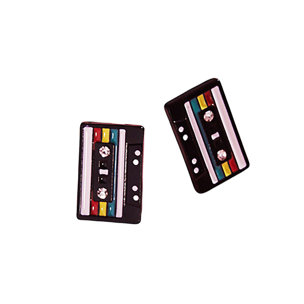 Back-Stone Pointed Enamel Cassette Tape Stud Earrings, Perfect accessory for any music lover. Made with high-quality enamel and a pointed stone design, these earrings add a pop of color and unique style to any outfit. Show off your love for music with these stylish and eye-catching earrings. perfect gift for your lovers.