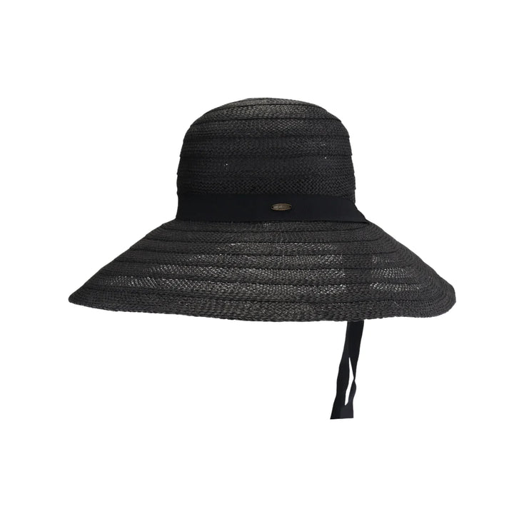 Black Straw Tie Band C.C Beach Hat combines natural straw craftsmanship with a functional tie band for a customizable fit. Designed to provide effective sun protection, its breathable material ensures comfort during extended wear. This hat is an ideal choice for those seeking both style and practicality in their beach accessories. 