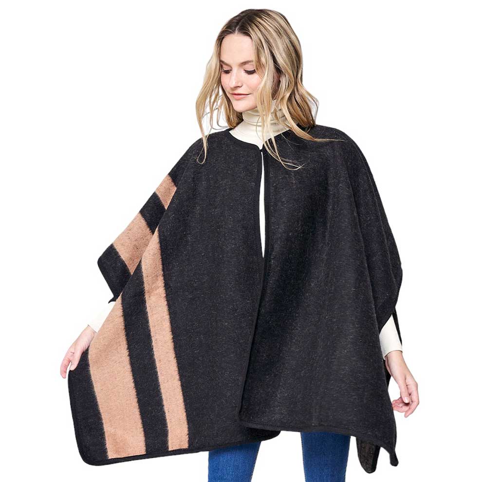 BlackStriped Button Closure Cape Ruana Poncho, effortlessly combines style and function. Crafted with pure polyester, this poncho is designed with a bold striped pattern and a button closure, making it the perfect piece to transition from day to night. Versatile and stylish, this poncho will become a go-to in your wardrobe.