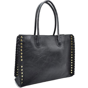 Black Studded Faux Leather Whipstitch Shoulder Bag Tote Bag, is crafted from high-quality faux leather, featuring a stylish whipstitch trim and studded accents. Its adjustable strap makes it perfect for everyday use, this spacious handbag features a roomy interior to hold all your essentials. This bag is sure to turn heads.