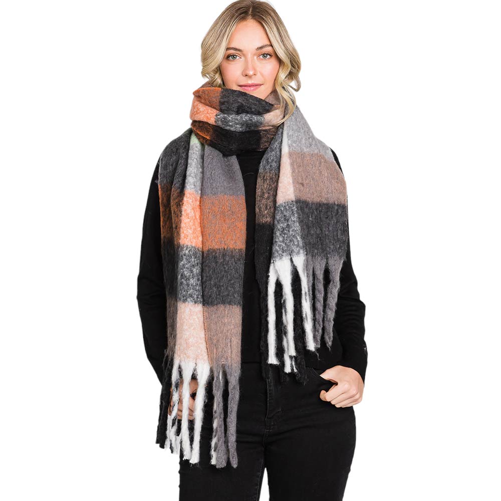 Black Taupe Multi Colored Plaid Check Patterned Fringe Oblong Scarf, is delicate, warm, on-trend & fabulous, and a luxe addition to any cold-weather ensemble. This scarf combines great fall style with comfort and warmth. It's a perfect outfit with your favorite fall jacket. Perfect gift for birthdays, holidays, or any occasion.