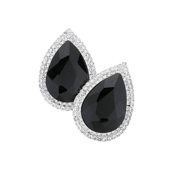 Black Teardrop Stone Accented Evening Earrings, featuring Gorgeous evening earrings and teardrop stones accented with sparkling crystals. Crafted with attention to detail, these earrings will add a touch of glamour to any attire. These unique designed earrings are suitable as gifts for wives, girlfriends, and mothers.