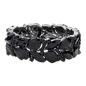 Black Teardrop Stone Cluster Embellished Stretch Evening Bracelet is an eye-catching accessory. It features teardrop-shaped embellishments and sparkly stones clustered together to create a glamorous and sophisticated finish. The stretch fit makes it comfortable to wear for any special occasion or making an exclusive gift. 