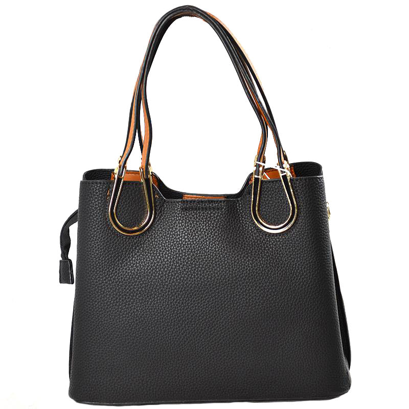 Black Textured Faux Leather Horseshoe Handle Women's Tote Bag, featuring an eye-catching textured faux leather exterior and a horseshoe-shaped handle. The bag has a spacious interior, perfect for days when you need to carry a lot of items. Its structure and design ensure that your items will stay secure even on the go.
