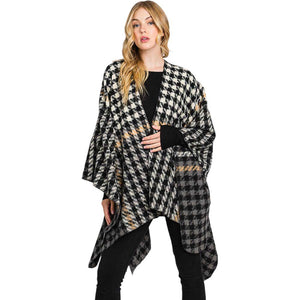 Black Trendy Houndstooth Patterned Ruana Poncho, with the latest trend in ladies' outfit cover-up! the high-quality knit ruana poncho is soft, comfortable, and warm but lightweight. It's perfect for your daily, casual, party, evening, vacation, and other special events outfits. A fantastic gift for your friends or family.