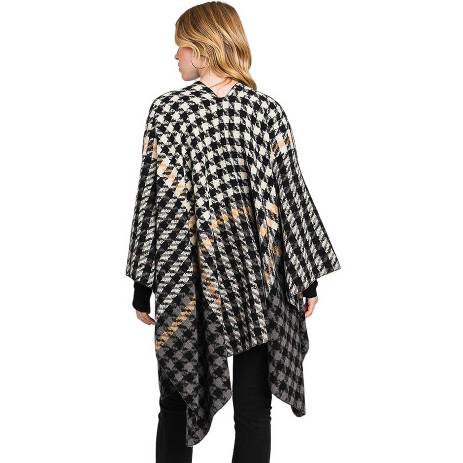 Black Trendy Houndstooth Patterned Ruana Poncho, with the latest trend in ladies' outfit cover-up! the high-quality knit ruana poncho is soft, comfortable, and warm but lightweight. It's perfect for your daily, casual, party, evening, vacation, and other special events outfits. A fantastic gift for your friends or family.