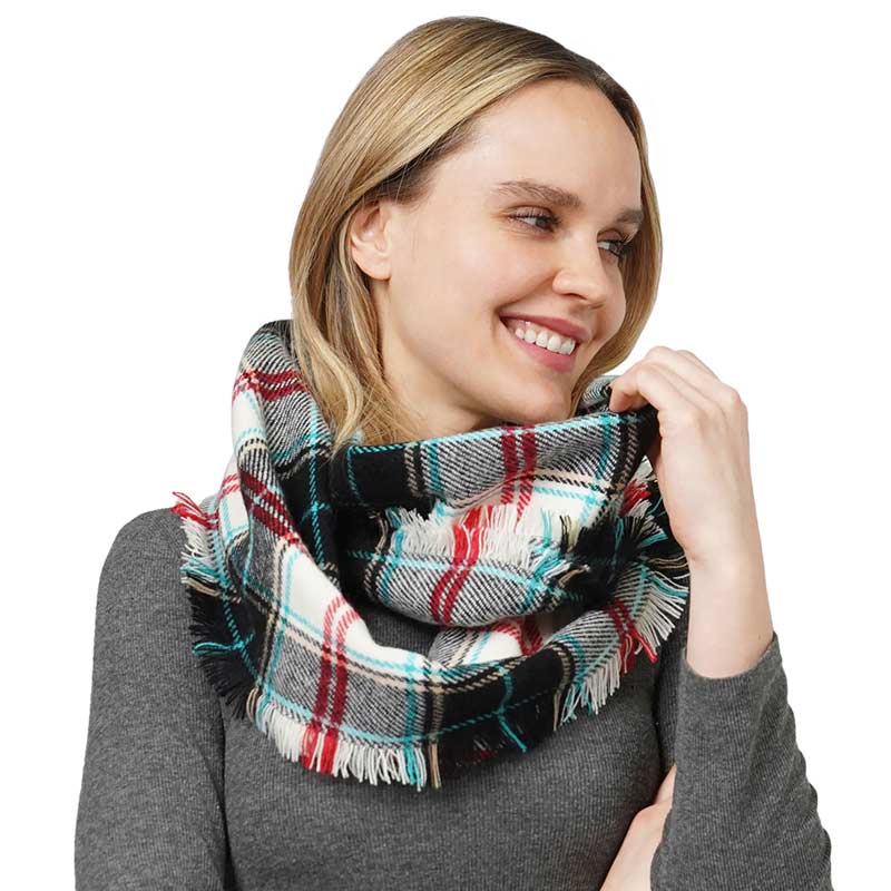 Beige Trendy Plaid Check Patterned Infinity Scarf, delicate, warm, on-trend & fabulous, a luxe addition to any cold-weather ensemble. This infinity scarf combines great fall style with comfort and warmth. It's a perfect weight and can be worn to complement your outfit. Perfect gift for birthdays, holidays, or any occasion.