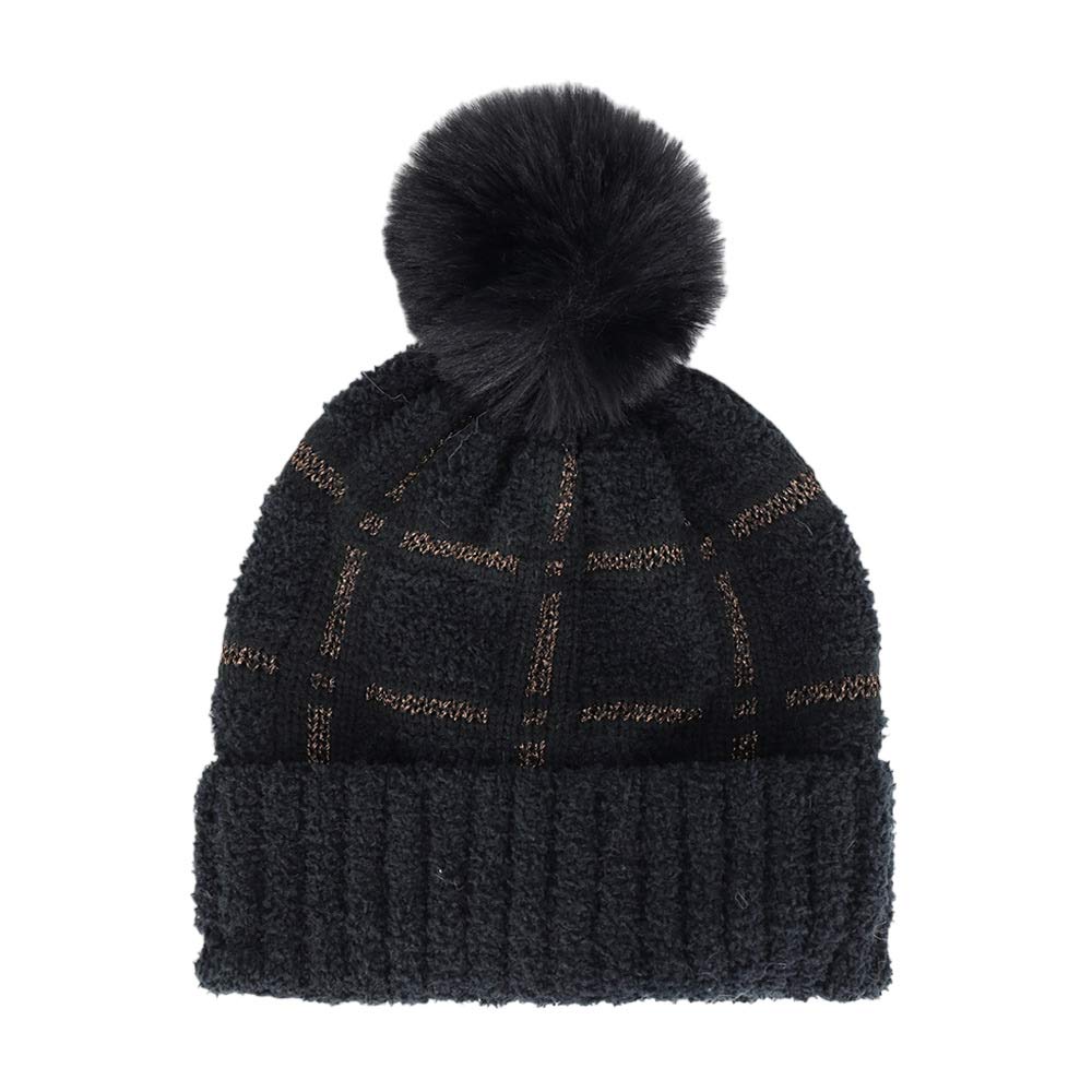 Black Trendy Plaid Check Patterned Pom Pom Beanie Hat, wear this beautiful beanie hat with any ensemble for the perfect finish before running out the door into the cool air. An awesome winter gift accessory and the perfect gift item for Birthdays, Christmas, Stocking stuffers, holidays, anniversaries, Valentine's Day, etc.