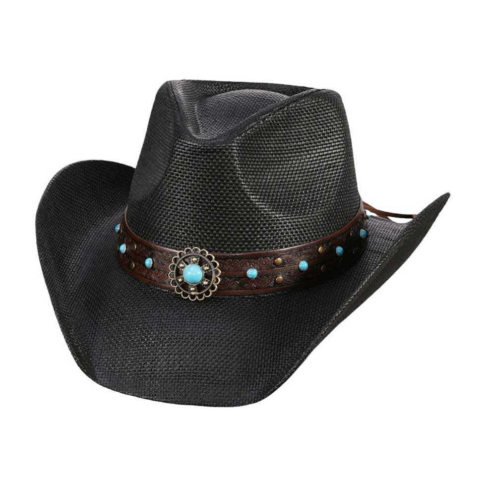 Black Turquoise Stone Western Flower Pointed Faux Leather Straw Cowboy Hat, Elevate your Western style game with our expertly crafted. Made with high-quality faux leather and sturdy straw materials, this hat features a beautiful turquoise stone with a unique western flower design on the pointed crown. Exude your confidence.