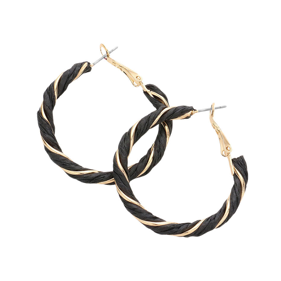 Black Twisted Raffia Hoop Earrings, turn your ears into a chic fashion statement with these raffia hoop earrings! These raffia earrings are very lightweight and comfortable, you can wear these for a long time on occasion. The beautifully crafted design adds a gorgeous glow to any outfit. 
