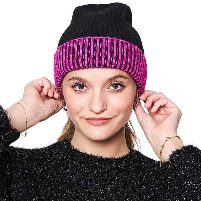 Black Two Tone Cuff Beanie Hat, Stay stylishly warm during the cold with this. Crafted with two distinct and complementary colors, this beanie hat is designed to add a touch of flair to any winter ensemble. Built for maximum comfort and warmth, it is perfect for outdoor activities and as a perfect winter gift.