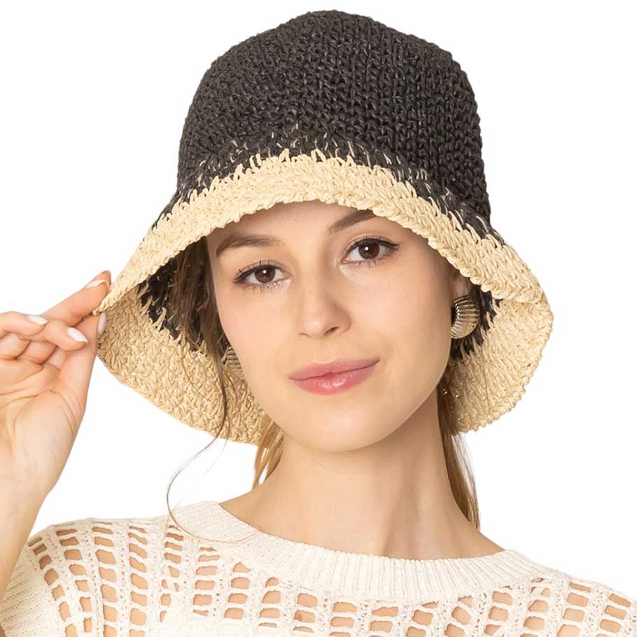 Black Two-Tone Straw Bucket Hat, Stay cool and stylish with the stylish summer hat. This quirky hat features a unique two-tone design that adds a touch of fun to any outfit. Keep the sun out of your eyes while adding a playful flair to your look. Perfect for a day at the beach or a casual outing.