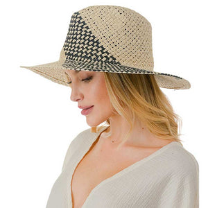 Black Two Tone Woven Straw Fedora Hat, Upgrade your summer style with our special hat. This expertly crafted hat features a unique two-tone design, adding a touch of sophistication to any outfit. Made from high-quality woven straw, it offers both breathability and durability for all-day comfort. Perfect for any occasion.