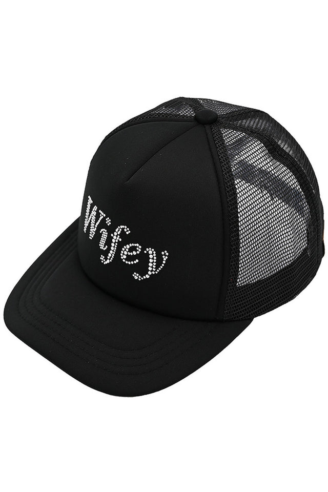 Black C.C WIFEY Rhinestones Trucker Cap is a must-have for any stylish woman. With a dazzling display of rhinestones and a comfortable trucker design, you'll be turning heads wherever you go. Add a touch of glam to your daily look and show off your wifey status in style.
