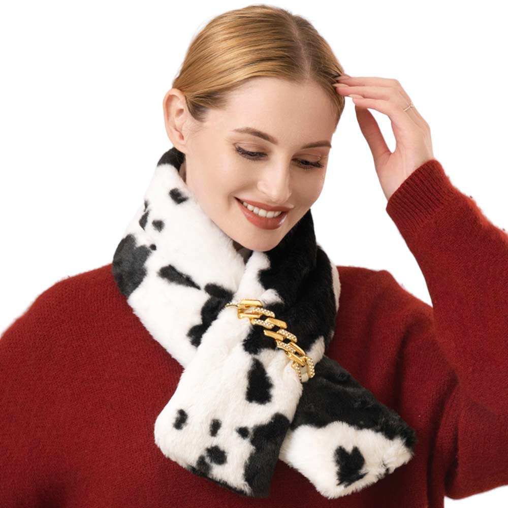 Black White Faux Fur Cow Patterned Chain Pull Through Scarf, delicate, warm, on-trend & fabulous, a luxe addition to any cold-weather ensemble. Great for daily wear in the cold winter to protect you against chill. Perfect Gift for Wife, Mom, Birthday, Holiday, Christmas, Anniversary, Fun Night Out. Happy Winter!