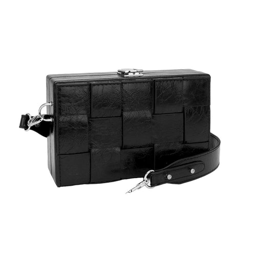 Faux Leather Woven Square Box Crossbody Bag - Black