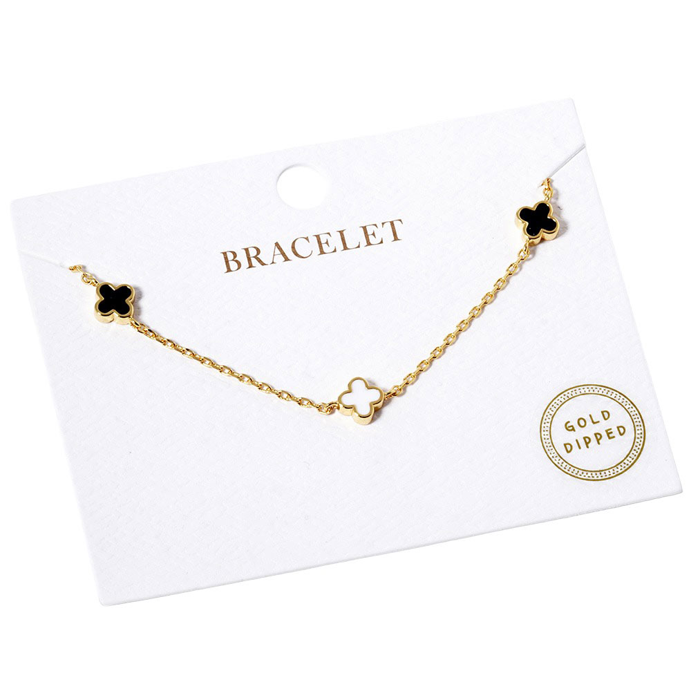 Black Gold Dipped Triple Quatrefoil Link Bracelet, is the perfect accessory for any outfit. Crafted using gold-dipped materials, it is lightweight, durable, and will not tarnish. A triple Quatrefoil Link design adds interest and style to any look. This beautiful bracelet can be a nice gift to your loved ones on any occasion.